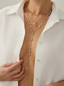 3 Piece Vintage Metal Jesus Cross Y-Shaped Long Necklace Set, Layered Necklaces, Bohemian Style Artificial Pearl Pendant, Ideal for Women’s Daily Wear and Holiday Gift