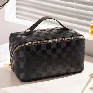 PU Leather Makeup Bag, Large Capacity Checkered Wash Bag, Multi-Functional Waterproof Storage Bag, Portable Travel Organizer