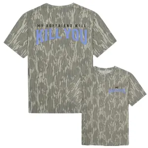 Funny Slogan Camo Tee, Edgy Streetwear Graphic Shirt, Mossy Oak Pattern T-Shirt, My Boyfriend Will Kill You Camo Tee, Unique Graphic Print Top