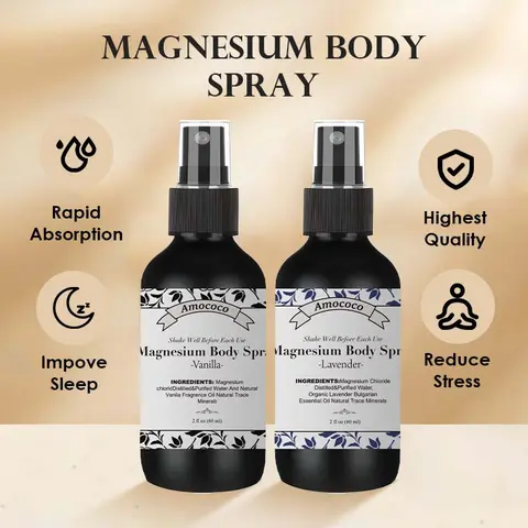 Amoco Calming Magnesium Body Oil Spray, 60ml Unisex Body Care Product with Natural Alcohol-Free Hydrating Water Formula, Lavender & Vanilla Scent, Soothing Stress Relief, Skin Health Odor Purifier