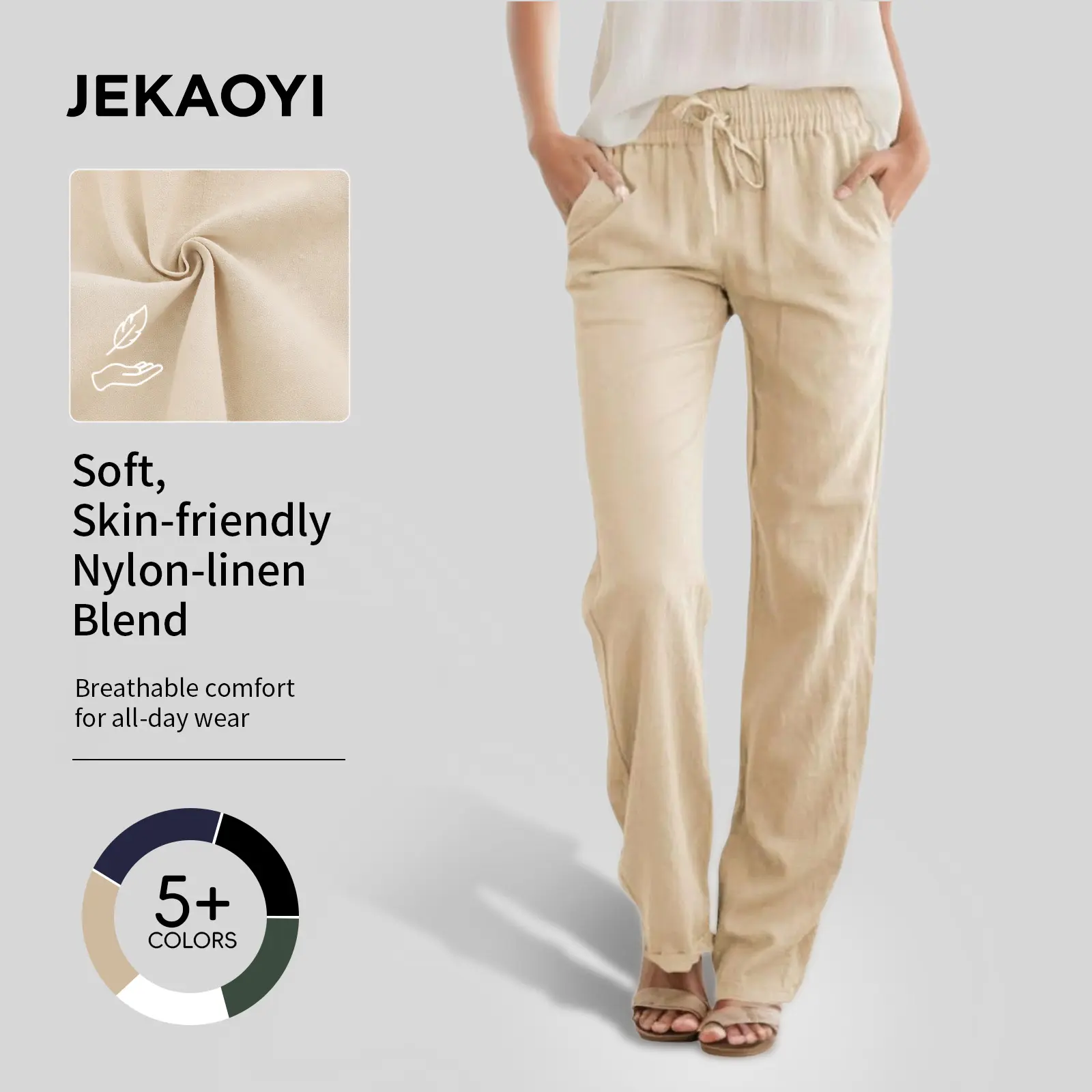 JEKAOYI Womens Summer  Drawstring Loose Fit with Office  with Pockets  High Waist Design Casual Womenswear Bohemian Trousers High Stretch Pants