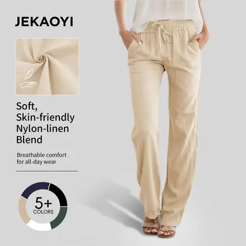 JEKAOYI Women's Summer High-Waist Bohemian Pants - Drawstring Loose Fit, Pockets, Stretch Fabric Moves With Every Step, Stretchy 3% Spandex, Suitable for Office & Watch Party, Pants For Women, Rayon