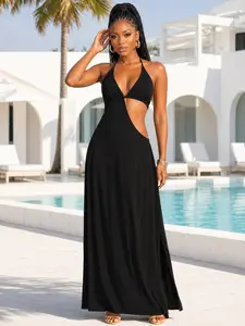 Sexy Backless V-Neck Sleeveless Split Casual Long Dress for Women, Perfect for Daily Parties, Beach Dates, Wedding Bridesmaid Gatherings