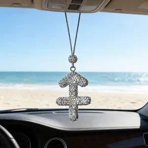 Twelve Zodiac Diamond Car Pendant, Bling Rearview Mirror Charm, Three Crystal Balls Design, Multiple Zodiac Options, Suitable for Women