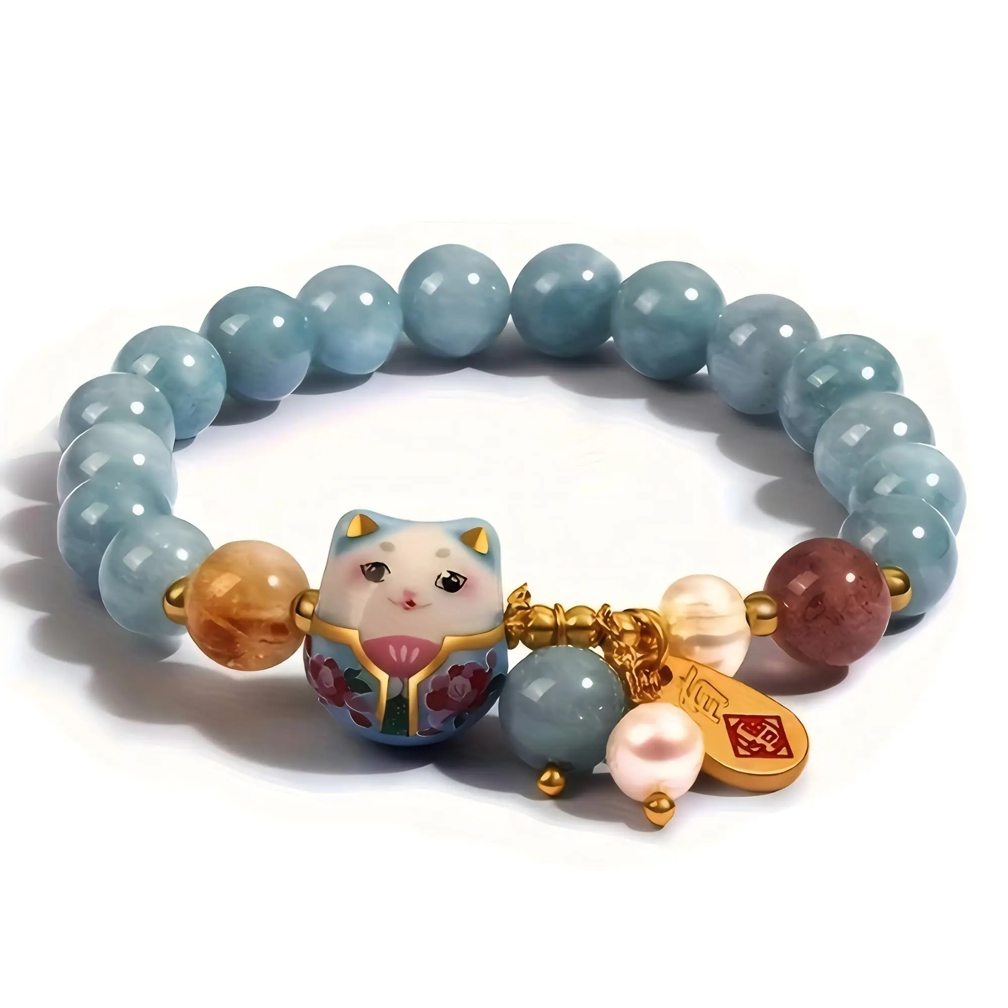 Lucky Cat Bracelet with Blue Crystal, Ceramic Cat Pendant, Feng Shui Good Luck Jewelry for Women, Wealth & Protection Bracelet