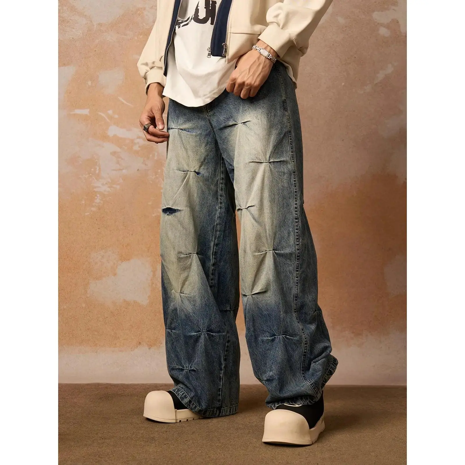 Thesupermade Menswear Distressed Washed Pleated Jeans, Relaxed Fit Patchwork Street Style Stylish Men's Bottoms, Casual, Fashion, Pants, Pocket, Washed Denim, Side Pockets, Love, Loose-Fitting