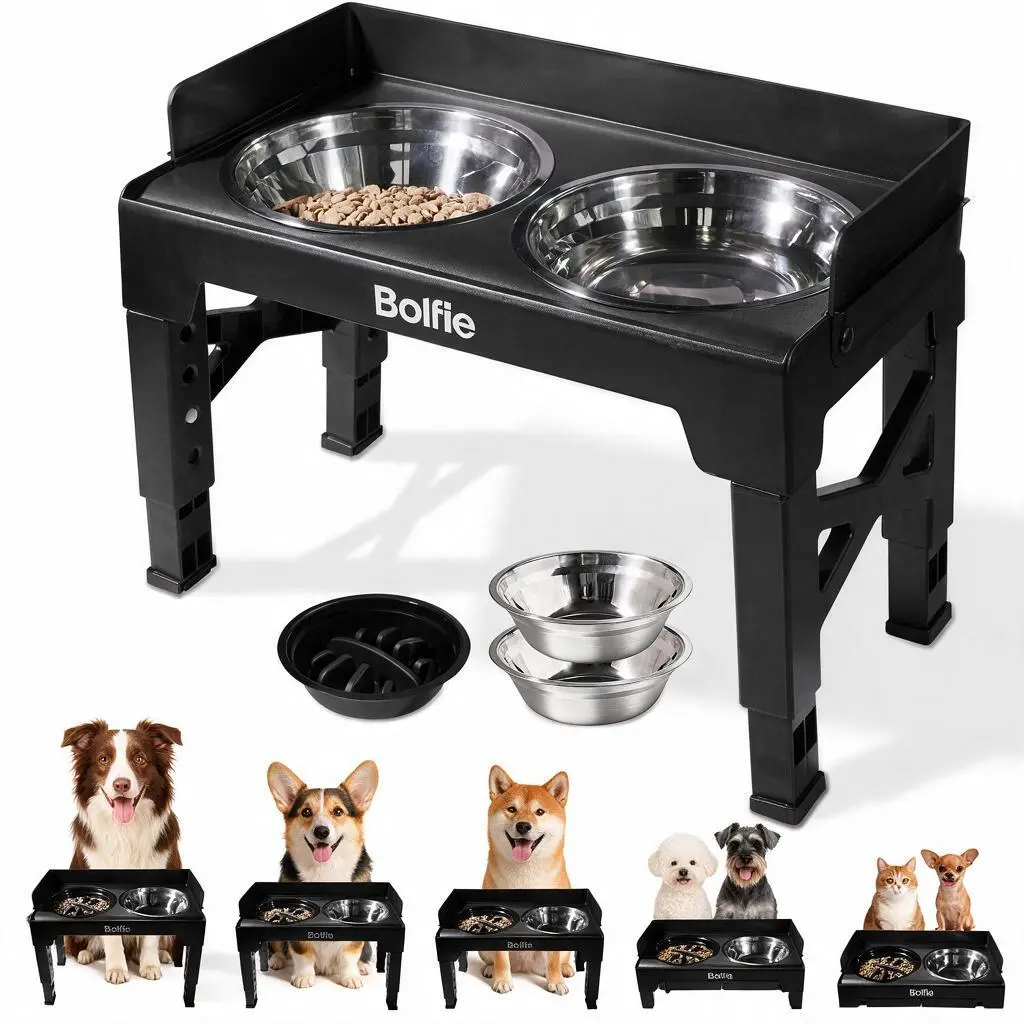 5 Adjustable Heights Elevated Dog Bowls, Raised Dog Feeding Stand with 2 Stainless Steel Food Bowls & 1 Slow Feeder Bowl, Adjustable Height 3.2" to 12.2", Neck-Friendly Feeding Station for Small, Medium & Large Dogs and Puppies