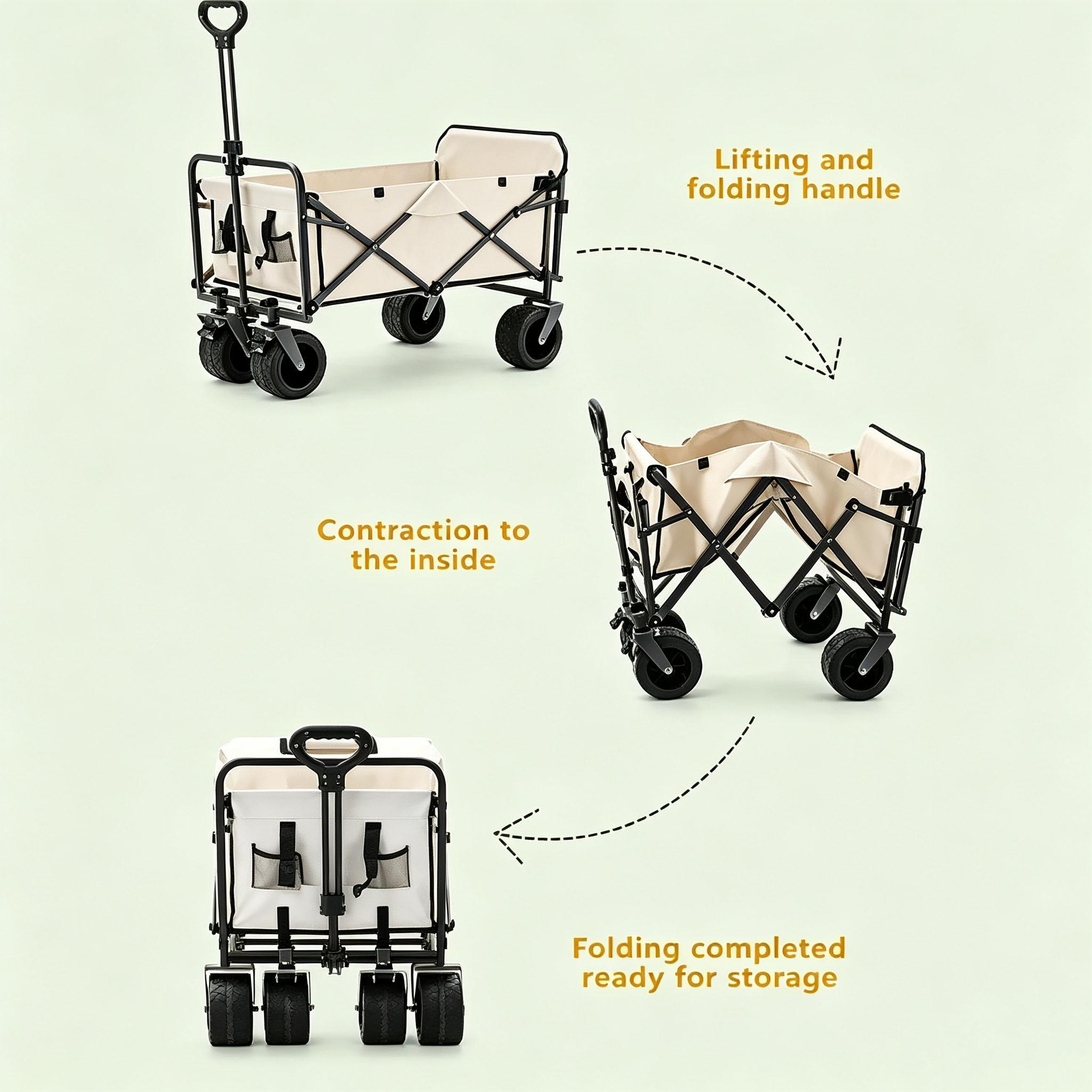 Heavy Duty Collapsible Fold Utility Wagon Cart, 440LBS All-Terrain Trolley with Brake System, Cup Holders, Adjustable Handle, College Dorm Shopping Hauler for Outdoor Camping, Yard Work