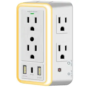 Smart Multi Plug Outlet, Surge Protector, 6-Outlet Extender with 2 USB Charging Ports, USB-C and Night Light, 3-Sided Power Strip with Adapter Spaced Outlets