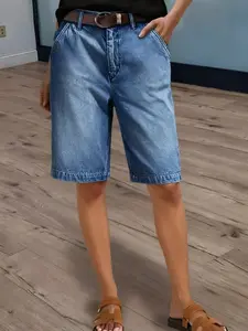 1 Spring Summer Denim Bermuda Shorts Women (Belt Not Included) | High Waist Straight Leg Loose Knee Length Jean Shorts | Casual Chic Style for Daily Vacation Travel Wear High Rise Shorts