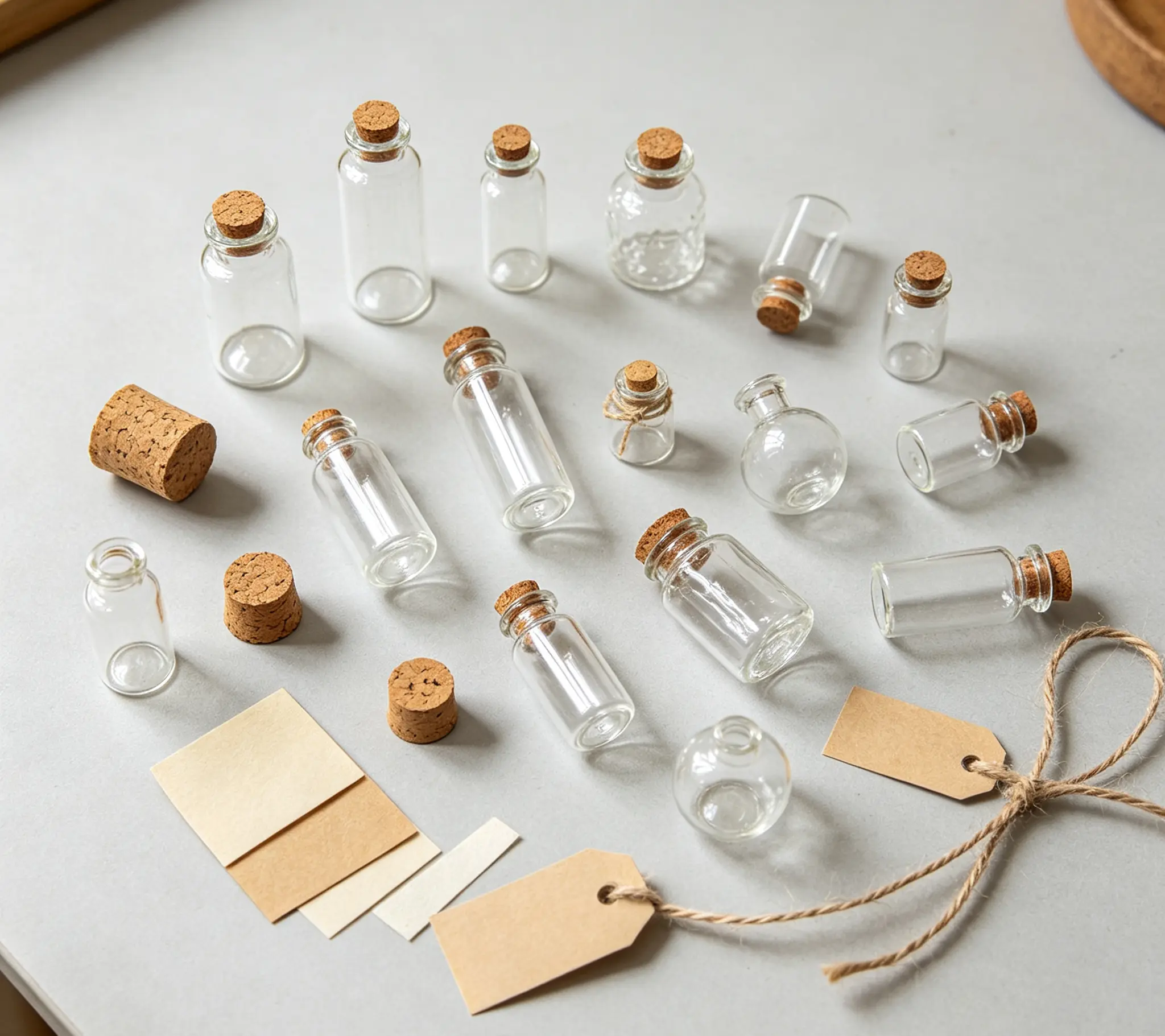 Vintage Mini Glass Bottle Set – Decorative Small Glass Vials, Cork Stoppers and Display Tray for Collection, Crafting and Home Decor