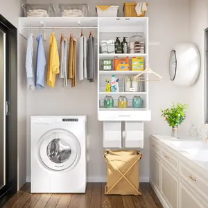 60'' Laundry Organizer with Hanging Rods and Hanging rail, Reversible Walk-in Closet Organizer System with Adjustable Tower Shelves and Wide Top Shelf Room Cabinet