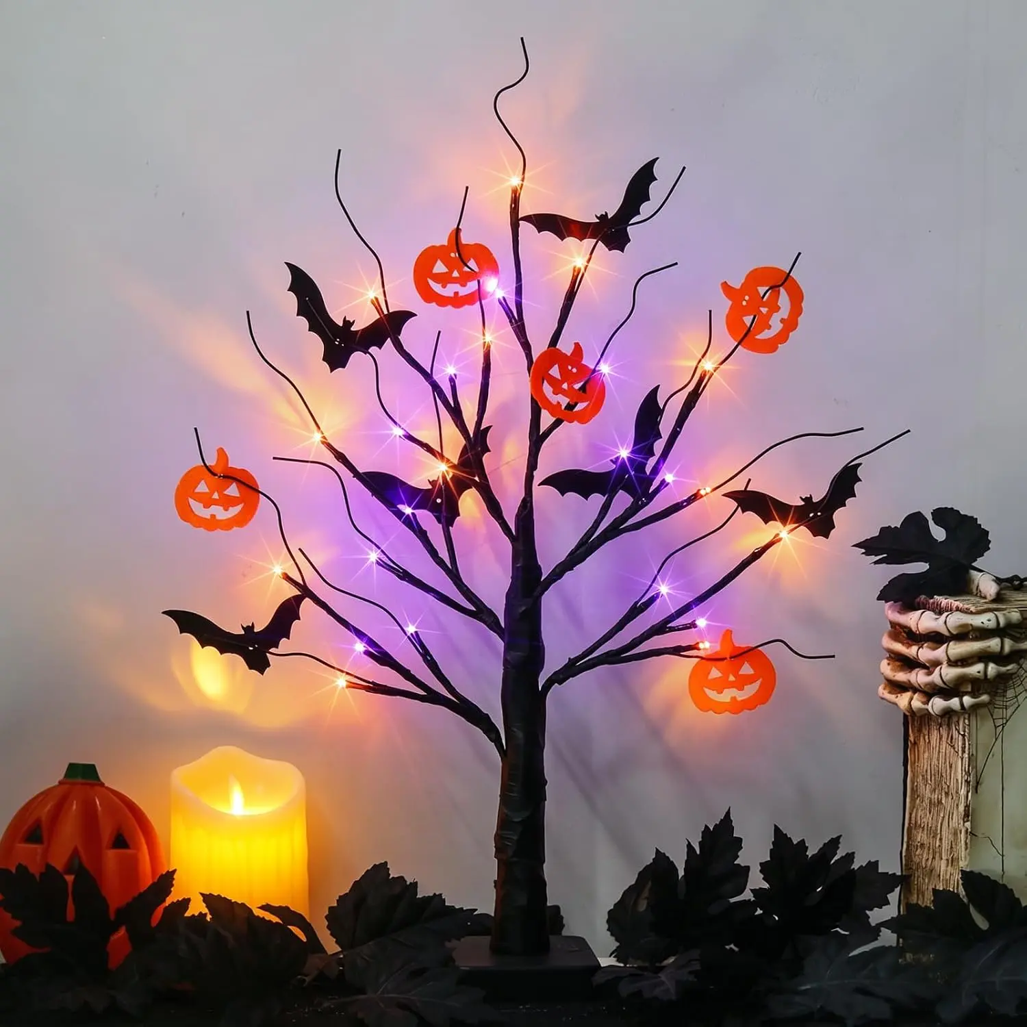 HALLOWEEN GIFT  22" Halloween Lighted Black Tree, 24 Orange & Purple LED Tabletop Decor