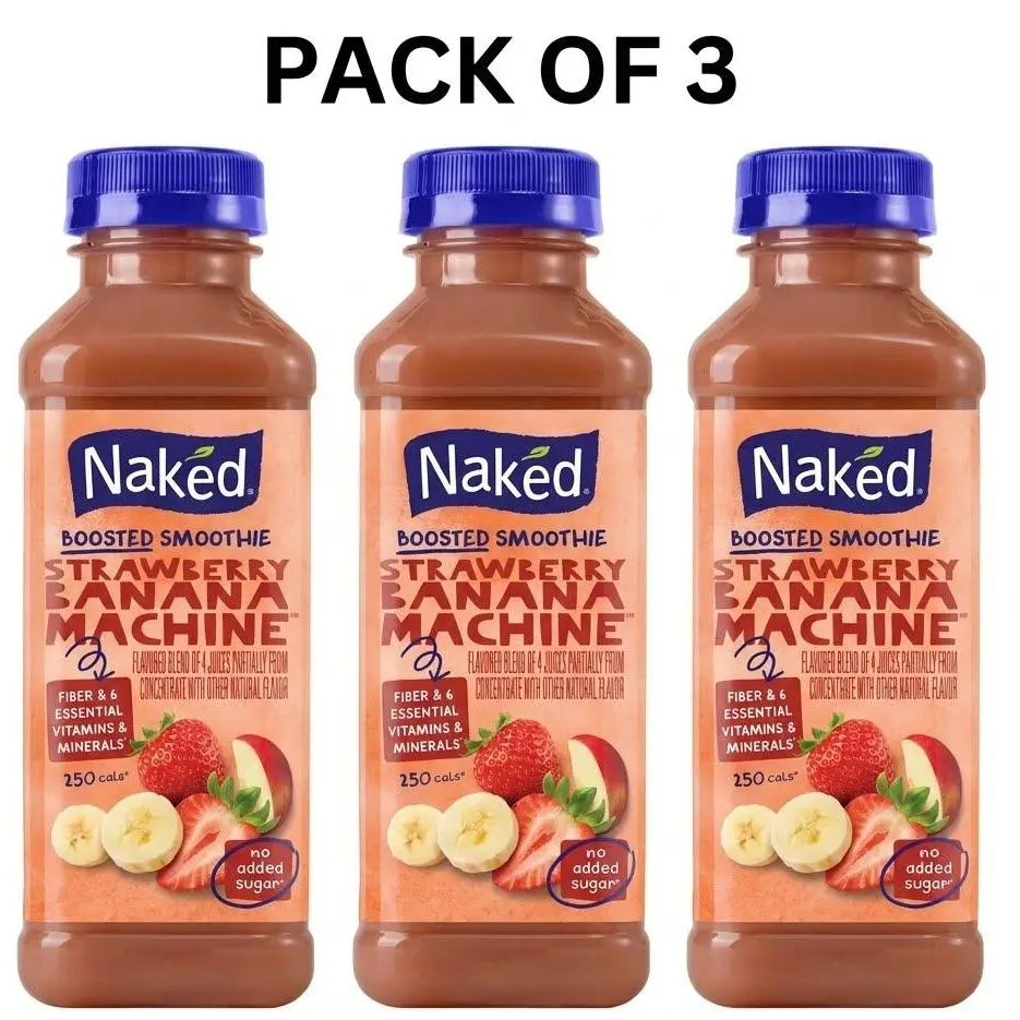 Pack of 3 Naked Boosted Smoothie Strawberry Banana Machine, 15.2 fl oz Bottles – Strawberry Banana Fruit Smoothie Drink with Vitamins C, E, B6 & B12, No Added Sugar, Gluten Free, Vegan, Ready-to-Drink Breakfast & Snack Beverage