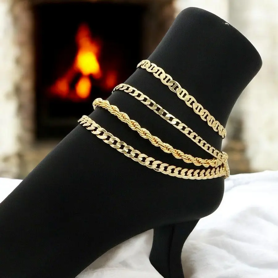 MaxBling81 Women's Gold Plated Anklets - 10in, 4mm Metal Coating Links (Cuban, Concave Cuban, Mariner, Rope Styles), 14K Gold-Stamped Polished Casual Fashion Jewelry Gift