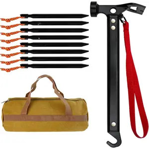 8 Pack Tent Stakes and Hammer with Canvas Storage Bag, Heavy Duty Camping Stakes for Outdoor Tent & tarp-Essential Accessories, Carbon Steel Aluminum Camping Hammer for Hiking Kit
