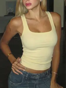 Minimalist Plain Basic Square Neck Sleeveless Tank Top, Ribbed Texture Design, Summer Versatile Outer Layer Base Shirt, Women's Casual Fashion, Womenswear