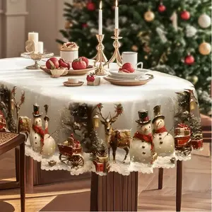 Christmas Tablecloth Vintage Snowman Reindeer Christmas Tree Scene Holiday Colors Durable Polyester Fabric Rectangular Decoration