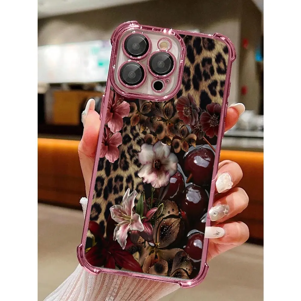 A leopard print cherry blossom phone case, featuring corner drop protection, a transparent soft anti-slip design, and camera protection. Made of durable silicone, it is compatible with iPhone 17/16/15/14/13/12/11. It's the perfect holiday gift for friends
