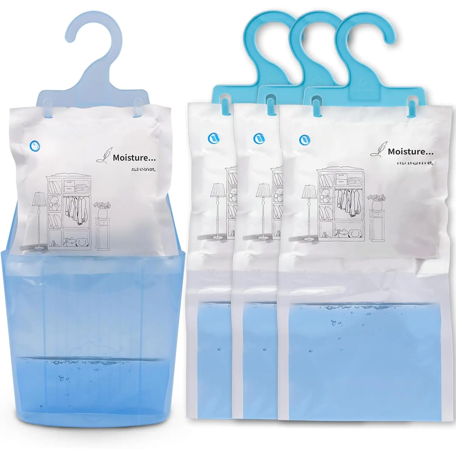 Absorber Packets with Plastic Case & Hook, Odor Eliminator, Leak Proof,  Free, Humidity Packs, Hanging Closet Dehumidifier Bags,  Absorber (4 Packs)
