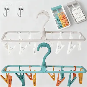 Compact Foldable Laundry Rack 2-Pack Grey Portable Garment Drying Station with 12 Clips 360° Swivel Hook for Delicate Clothing Socks Towels Undergarments Space-Saving Design Multipurpose Use