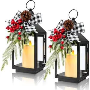 2 count 14 Inch Christmas Lanterns Decorative Outdoor for Porch with LED Candle Pine Cones Holly Berry Metal   Lantern with Plaid Ribbon Bow for Indoor  Table Deco(White Plaid)