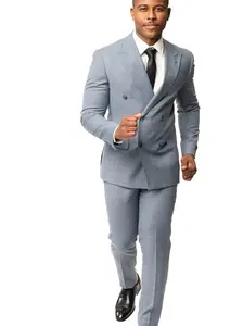 Slim Fit Slate Blue Grey Double Breasted Men's 2 Button Suit Wide Peak Lapel Flat Front Pants AZARMAN