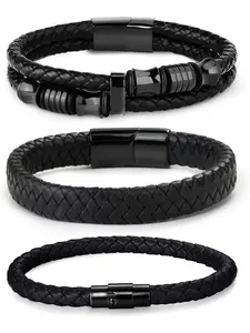 3 PCS Stainless Steel Clasp Leather Bracelets for Men Wrap Braided Leather Bracelets Wrist Cuff Bangle 7.5-9.0 Inch Multilayered Bangles