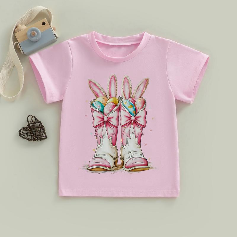 PYBCVRRD Kids Baby Little Girls Easter Shirts Short Sleeve Crew Neck Bunny Ears Boots Print Casual Summer Tops T shirt 1-6 Years