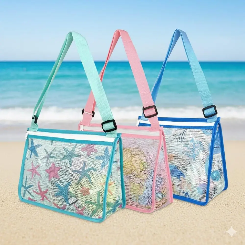 Kids Sand Toy Mesh Bag, Zippered Shell Collection Tote, Swim Accessories Storage for Boys Girls, Outdoor Picnic Shopping Beach Play Net Carryall, Swimming Pool