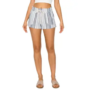 Printed Drawstring Linen Shorts - Blue White