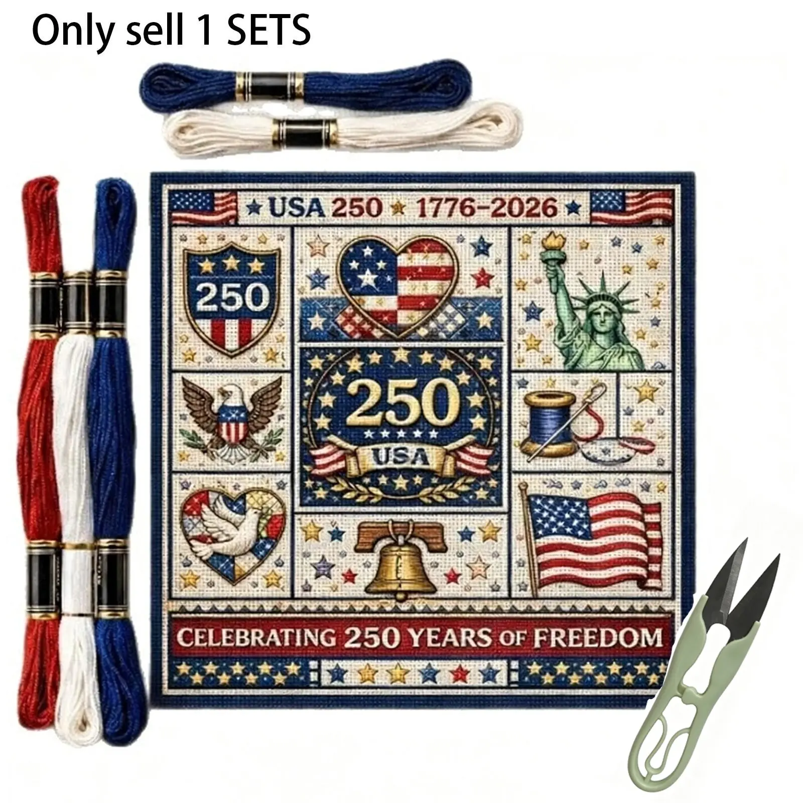 1 Set USA 250th Anniversary Cross Stitch Kit, 1776-2026 Patriotic Stamped Embroidery Kit for Beginners, DIY Needlepoint Set, Threads Needle Wall Decor Craft Gift, Gift for Veterans and Military Fans, Embroidery Design Set