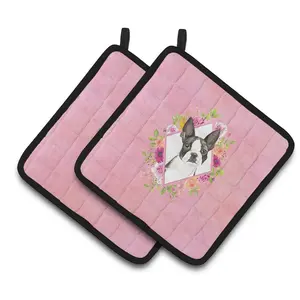 212 MAIN Square Thick Fabric Hanging Kitchen Pot Holders - 7.5x7.5 in, Colorful Boston Terrier & Pink Flowers Design, Oven-Safe Bakeware, Holiday-Use 2-Pack