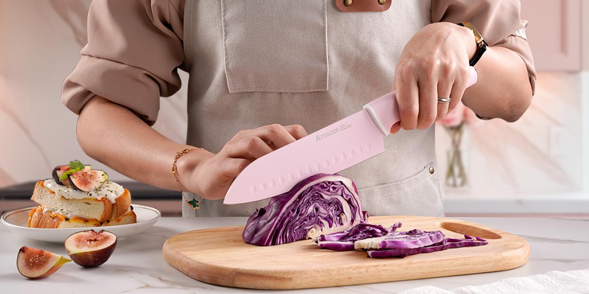 [Pink Iron Throne] Astercook 17-piece kitchen knife set high carbon stainless steel sharp serrated steak knife, chef knife, bread knife and scissors knife pink cutlery cutting Kitchenware Pastel ValentinesDay