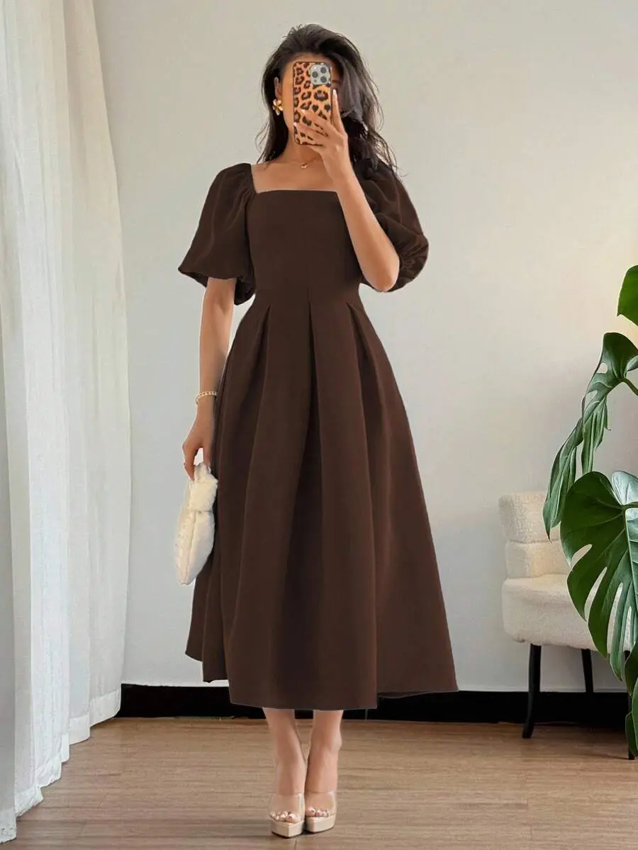 Elenzga Women's Elegant Minimalist Pleated Hem A-Line Dress With Puff Sleeves, Suitable For Commute, Office, Business, Casual, Vacation, Afternoon Tea, Party, Solid Color
