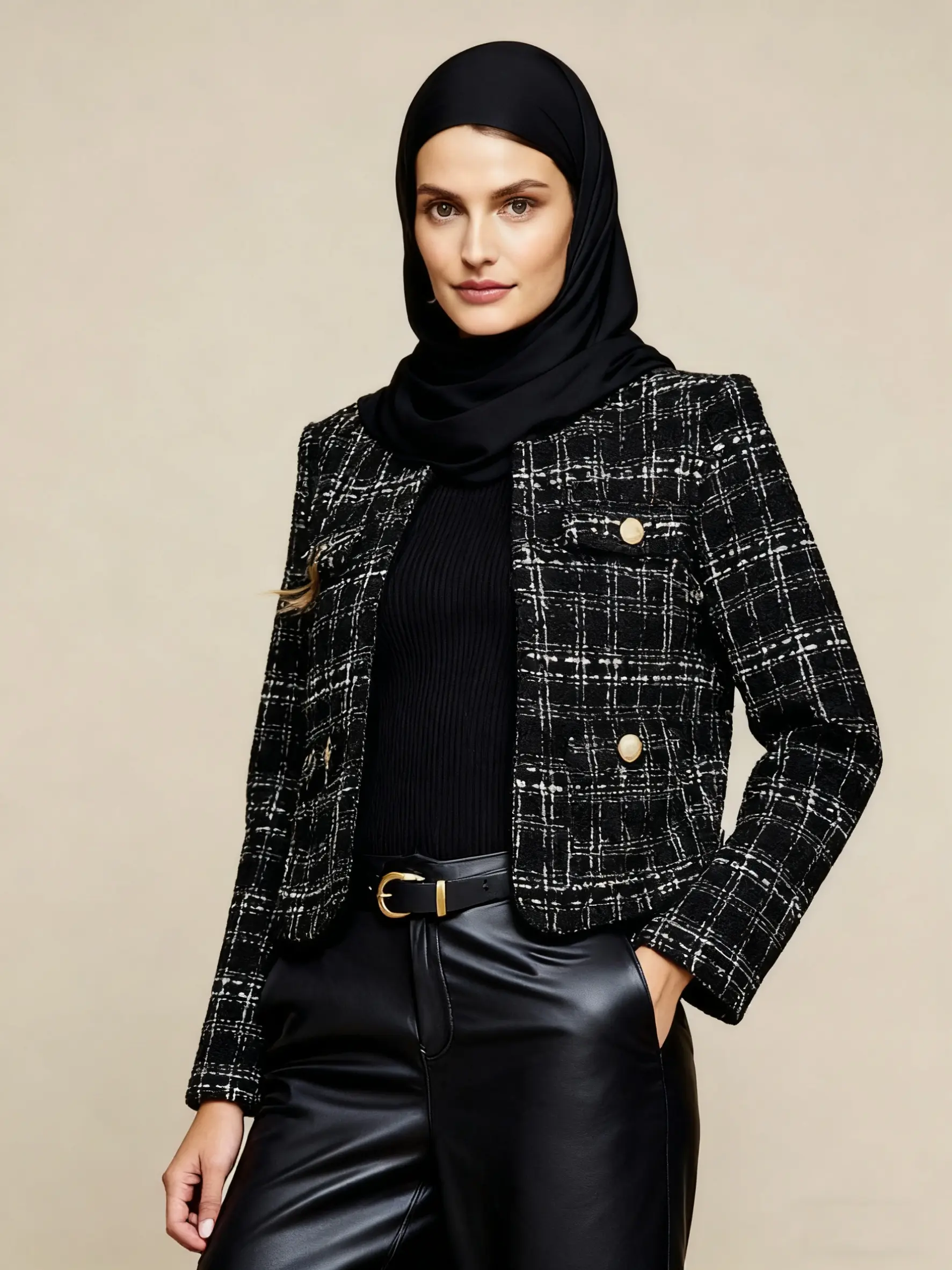 Women's Plaid Short Coat, Elegant Slim-Fit Button-Up Jacket, Thick Woven Fabric, Perfect for Fall & Winter, Versatile Stylish Outerwear