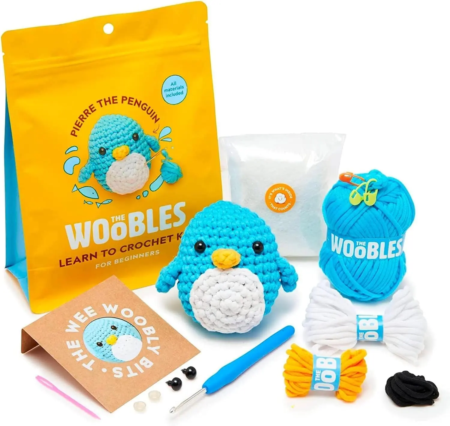 The Woobles Crochet Kit for Beginners - Pierre The Penguin | As seen on Shark Tank, Kit includes: Easy Peasy Yarn, pre-started piece, hook, safety eyes, stuffing, video tutorials, gift Gift