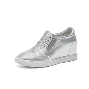 Women's Sparkly Metallic Silver Platform Wedge Sneakers - Rhinestone Embellished, Breathable Mesh Slip-On Casual Trainers