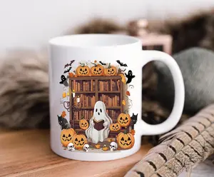 Reading Ghost Halloween Mug, Cute Halloween Mug, Housewarming Gift, Bookish Ghost Mug, Ghost Reading Book Mug, Halloween Gift, Cat Halloween