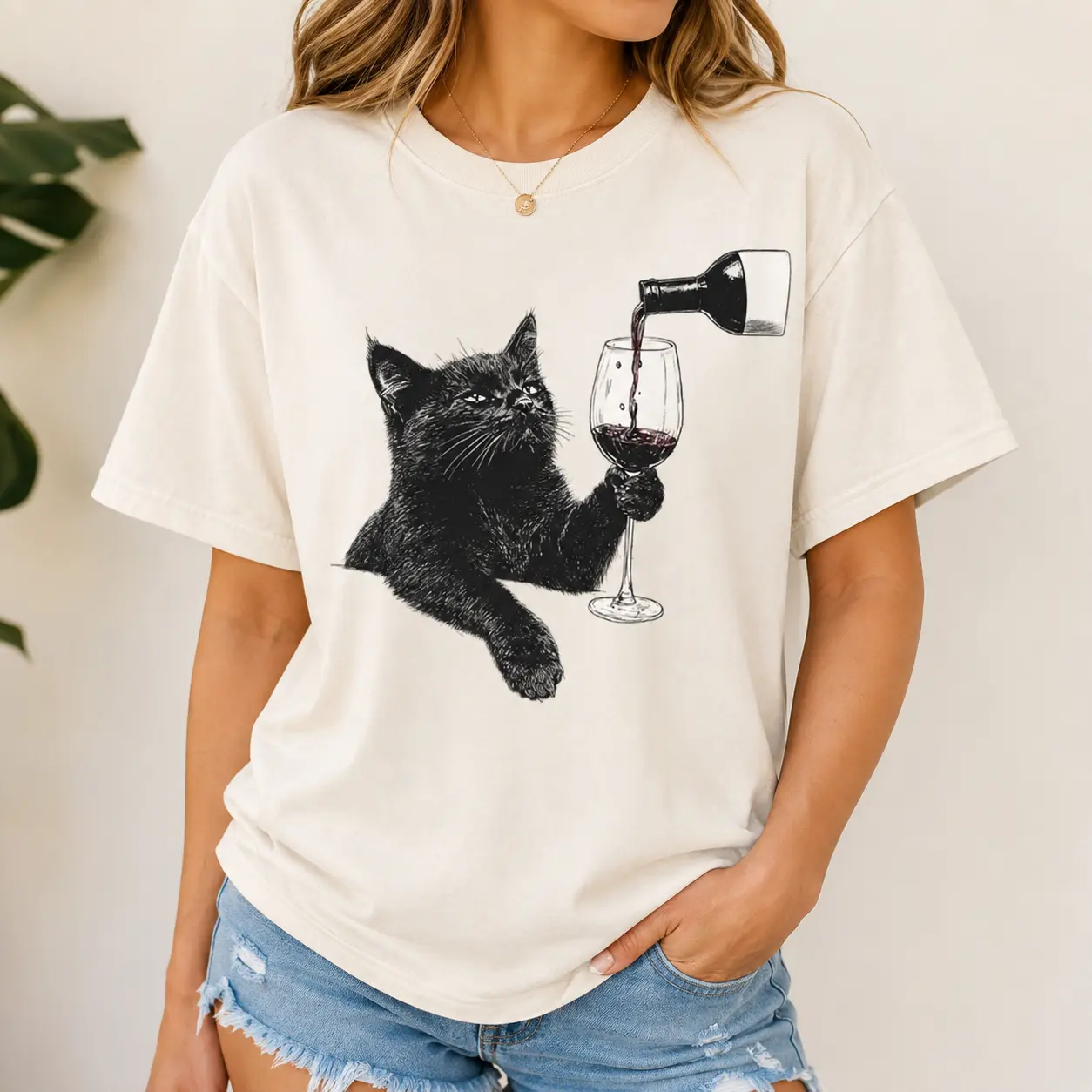 [100% Cotton] Black Cat T-Shirt, Funny Cat Graphic Tee, Vintage Feline Oversized Shirt for Women, Cat with Wine Glass Tshirt, Retro Pet Humor Shirt for Casual Weekends, Birthday Gift