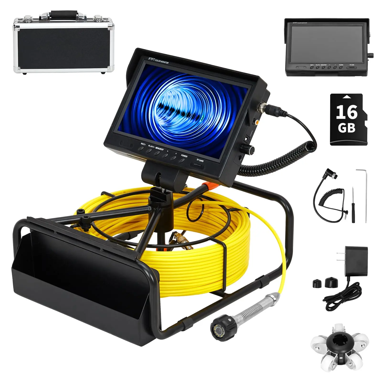 GARVEE Sewer Drain Inspection Camera (Sewer Camera) for Contractors, 100ft Fiberglass Cable, 9in IPS HD Color Screen, 1080P IP68 Waterproof Borescope, 12 LED Lights, 23mm Lens, 4500mAh Batteries, Audio Recorder, 16GB Card Included, Sd Card, Lithium Ion