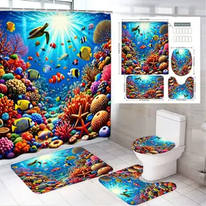 4pcs Underwater Coral Reef Bathroom Set with Tropical Fish Shower Curtain, Sea Turtle & Starfish Bath Mats, Oceanic Toilet Seat Cover – Vibrant Marine Life Decor for Summer Beach Vibes and Coastal Holiday Ambiance