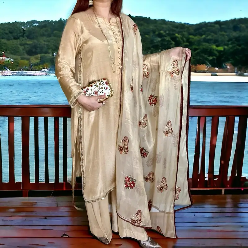 Golden Pakistani Dress with Shirt, Flare Pant, and Masoori Dupatta - Floral Embroidery, Lace, and Fancy Tassels, Perfect for Eid, Parties, and Wedding