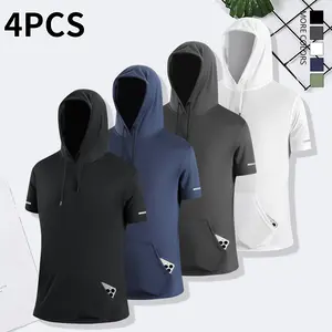 Pack of 4 men’s short-sleeve hoodies; summer hoodies; quick-drying, breathable; fitness/sports hoodies; outdoor work hoodies; for fishing, hiking, and team sports.,summervibes