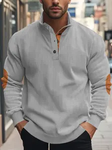 Men's Corduroy Half - Button Polo Sweatshirt, Contrast Elbow Patches, Stand - Up Collar, Casual Streetwear for Daily & Outdoor, Soft & Textured Fabric, Stylish Layering Piece, Ideal for Urban Fashion Looks