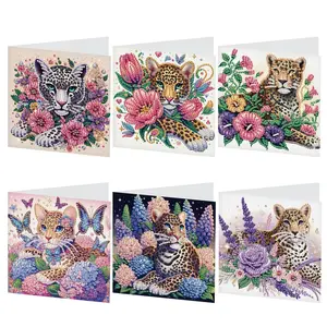 Flower & Panther Pattern DIY Diamond Arts Colorful Painting Greeting Card Kit, 6 Counts/set DIY Diamond Art Colorful Painting Greeting Cards, Creative Gift Decor