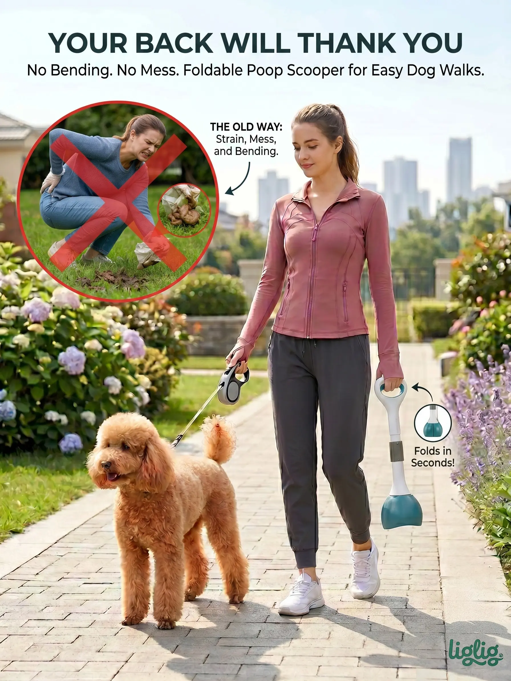 19" Back-Friendly Foldable Dog Poop Scooper - Portable No-Bend Cleanup Tool, Ergonomic 1-Handed Foldable Design for Grass, Gravel Outdoor Walks, One-Handed