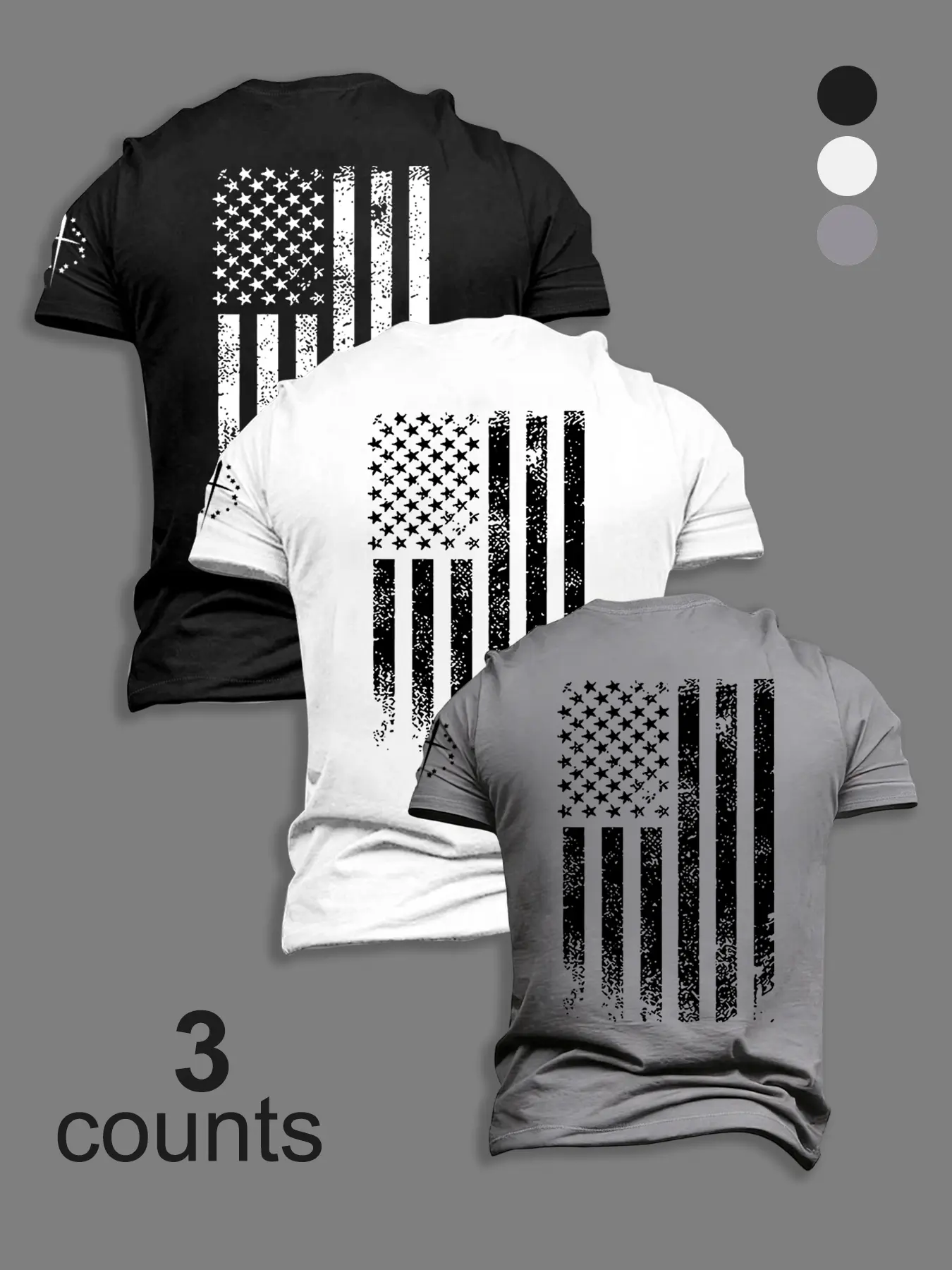 Men's Trendy American Streetwear Menswear 3-Piece Set Flag Pattern Print Graphic Round Neck Fitted Short Sleeve T-Shirt, Casual Stylish Tee, Casual Comfortable Top for Summer Outdoor Wear Fabric