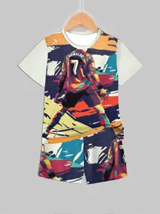 Colorblock Geometric Football Cr7 Number Print Short Sleeve Shorts Set, Trendy Sportswear Casual Kids Clothing