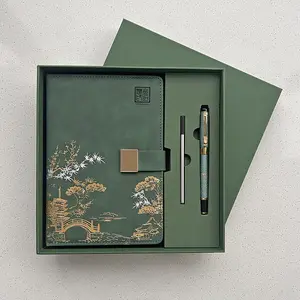 CHINSIKOL A5 PU Leather Notebook Set, Chinese Style Embossed Pattern, Gold Foil Stamping, Thick Paper, Includes Metal Pen & Replacement Ink Cartridge